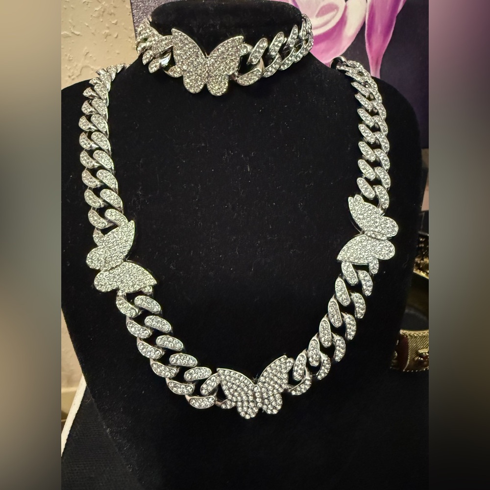 Iced Out Butterfly Cuban Link Set - Necklace & Bracelet
